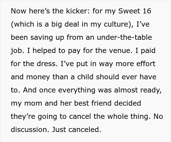 Text excerpt about a Sweet 16 celebration, focusing on paying for most of the event and having a say in the planning. Text excerpt about a Sweet 16 celebration, focusing on paying for most of the event and having a say in the planning.