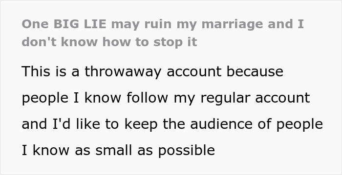 Text about a husband struggling to come clean about a big lie told 10 years ago and its impact on marriage.