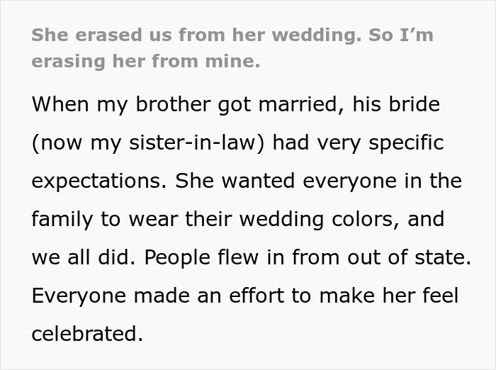 Text excerpt from a woman's wedding revenge story about not making the day about another woman.