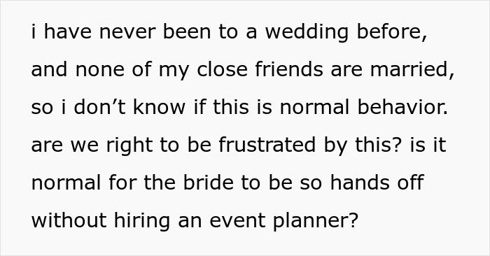Text discussing frustration over bride being hands-off in wedding planning without an event planner, reflecting couple and maid of honor tensions. Text discussing frustration over bride being hands-off in wedding planning without an event planner, reflecting couple and maid of honor tensions.