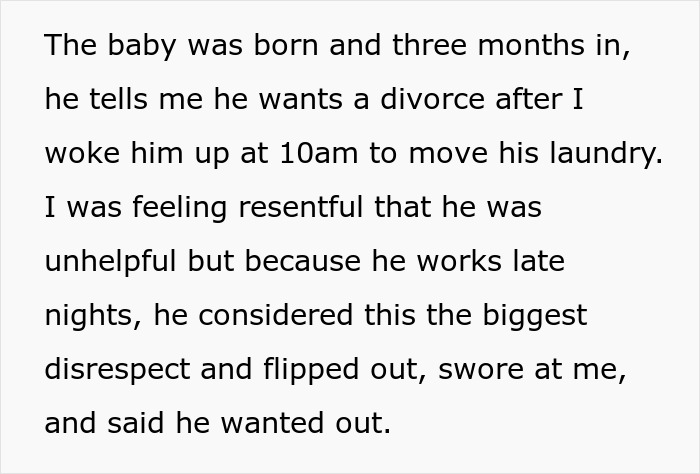 Text about man blindsiding post-partum wife with divorce after three months, causing conflict over custody and respect. Text about man blindsiding post-partum wife with divorce after three months, causing conflict over custody and respect.