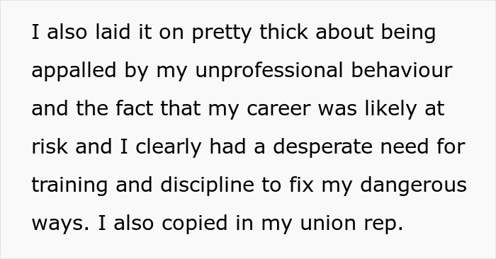 Text excerpt showing an employee discussing unprofessional behavior and involving a union rep in a workplace bullying claim.