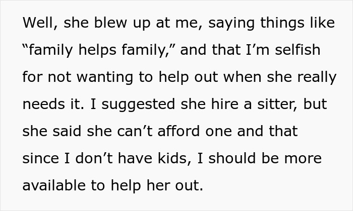 Alt text: Text about entitled sister expecting childfree brother to babysit kids and his boundary setting issues