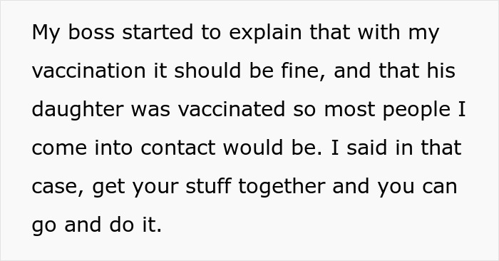 Text excerpt about vaccination concerns at work related to being nominated for something extra risky without kids.