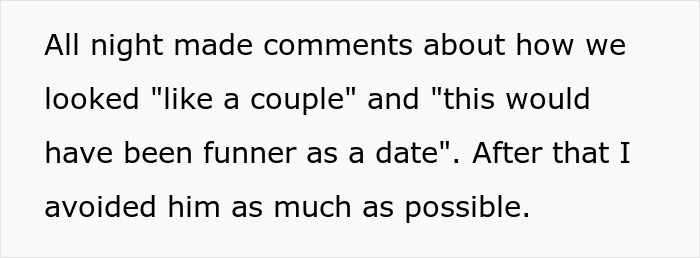 Text showing someone describing how comments were made about looking like a couple, leading them to avoid a man who staged a fake relationship.