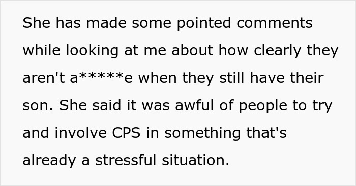 Text discussing a couple becoming the bad guys after reporting parents to CPS for starving their child.