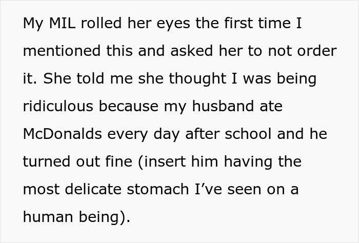 Text about a mom refusing to leave kids with MIL after she keeps feeding them fast food, highlighting the conflict.