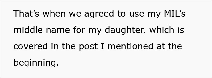 Text excerpt discussing agreement to use mother-in-law&rsquo;s middle name for daughter amid pregnancy announcement conflict.