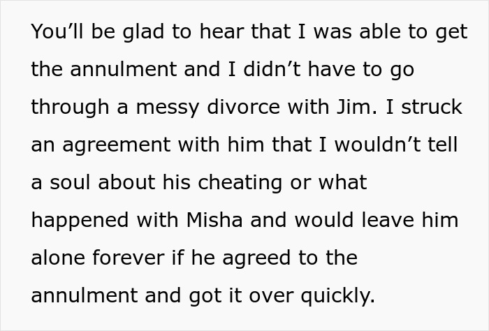 Text excerpt about annulment agreement to avoid messy divorce, highlighting jealousy over the girl he led on at wedding.
