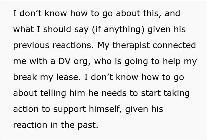 Text excerpt showing a woman&rsquo;s concerns about her jobless partner&rsquo;s anger and spending habits creating a toxic home environment.
