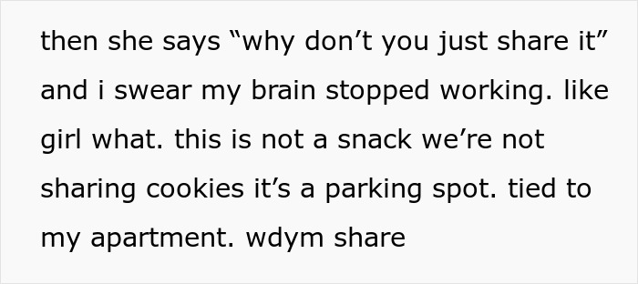 Text excerpt about an entitled lady who keeps parking in a neighbor’s spot and causes conflict. Text excerpt about an entitled lady who keeps parking in a neighbor’s spot and causes conflict.