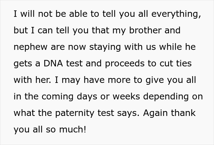 Text excerpt discussing a brother’s situation involving a DNA test and family tensions related to his girlfriend’s presence. Text excerpt discussing a brother’s situation involving a DNA test and family tensions related to his girlfriend’s presence.