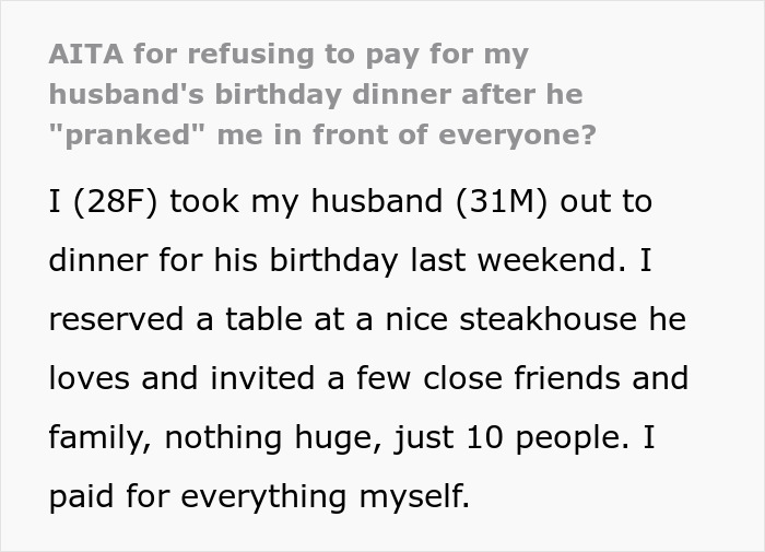 Couple at steakhouse dinner where husband's tasteless pregnancy stunt causes awkward birthday dinner moment. Couple at steakhouse dinner where husband's tasteless pregnancy stunt causes awkward birthday dinner moment.