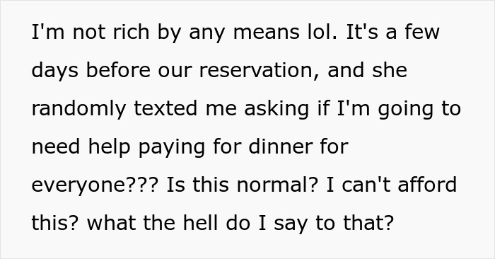 Text message expressing concern about MIL expecting DIL to pay for dinner for eight people at a fancy restaurant.
