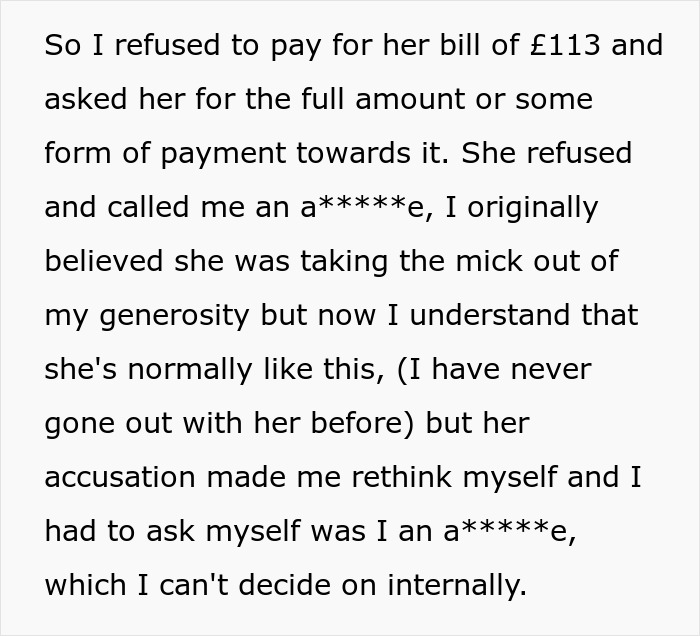 Text excerpt describing friend&rsquo;s girlfriend ordering expensive meals and refusing to pay her bill, causing conflict.