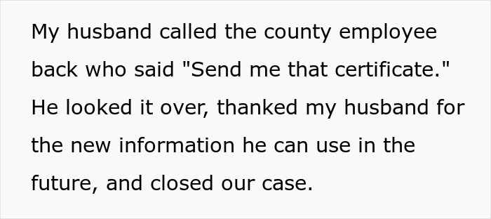 Text showing a couple&rsquo;s conversation about sending a certificate to a county employee regarding wildlife habitat certification.