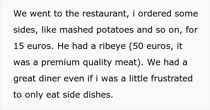 Text excerpt about a friend laughing off vegan&rsquo;s warning about paying only for his food before receiving the bill.