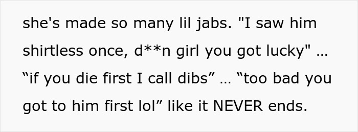 Text excerpt showing a woman making below-the-belt comments about her sister&rsquo;s fianc&eacute; in a candid message.