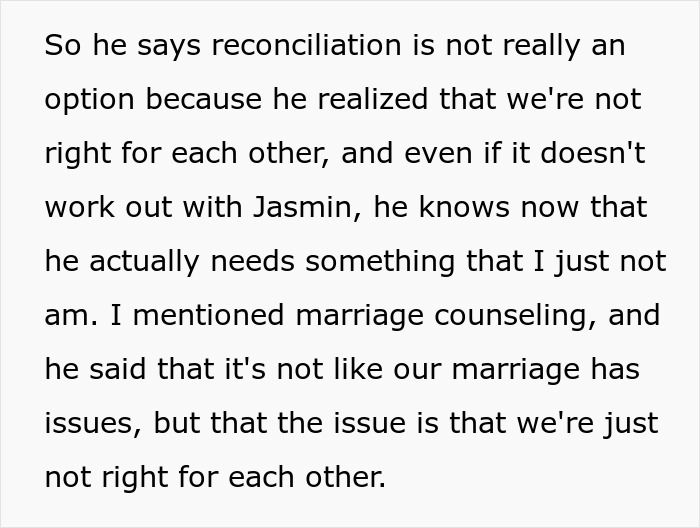 Text excerpt discussing a woman's husband leaving her after being hit on for the first time in his life.