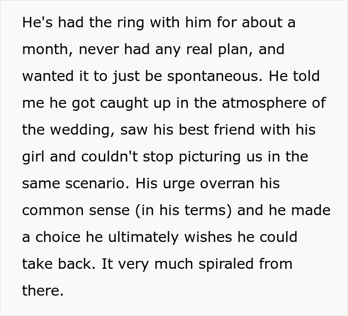 Text excerpt describing a spontaneous marriage proposal interrupted at a best friend&rsquo;s wedding.