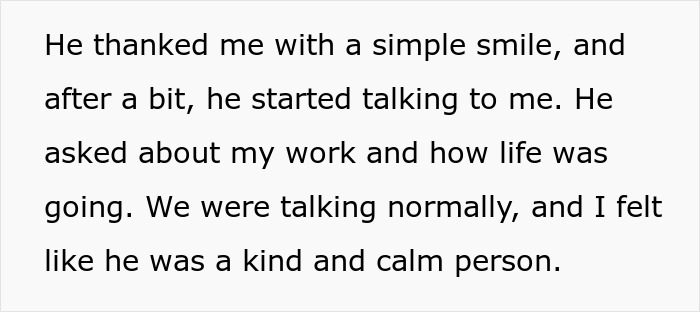 Text excerpt describing a small act of kindness leading to a kind and calm conversation on the bus.