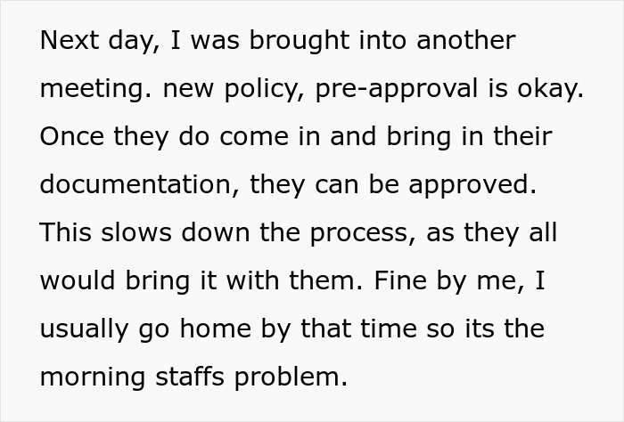 Text excerpt about medical facility new policy causing delays, illustrating disaster after worker follows new policy.