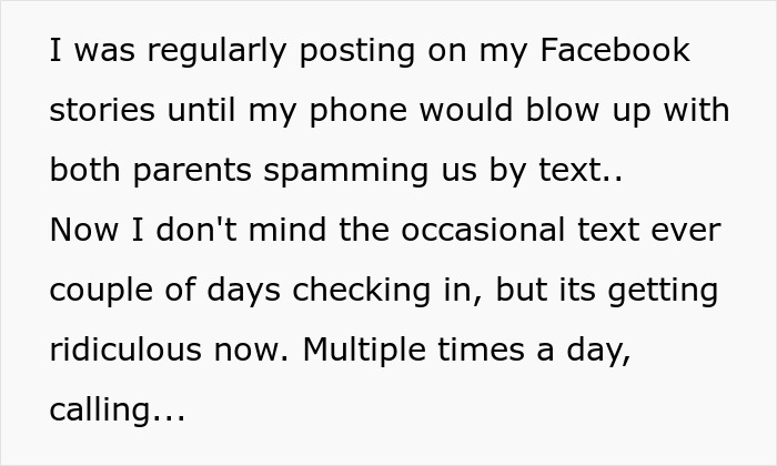 Text about a helicopter mom constantly calling and asking about grandkids, disrupting honeymoon trip.