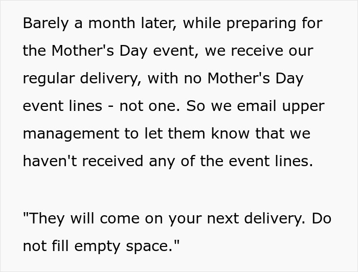 Text showing a message about management instructing staff not to fill empty shelves, leading to sales issues.