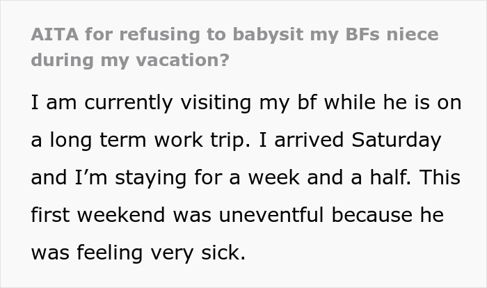 Person reading a message on a phone about refusing to babysit a boyfriend’s niece during vacation trip. Person reading a message on a phone about refusing to babysit a boyfriend’s niece during vacation trip.