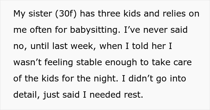 Text excerpt about being too depressed to babysit, explaining needing rest and not feeling stable enough for babysitting.