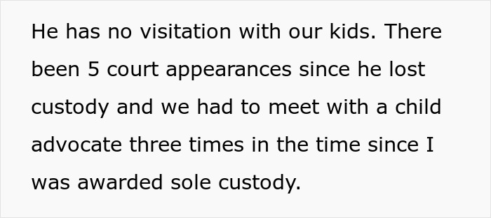 Text about custody issues and court appearances related to a woman needing a babysitter and her husband&rsquo;s ex.