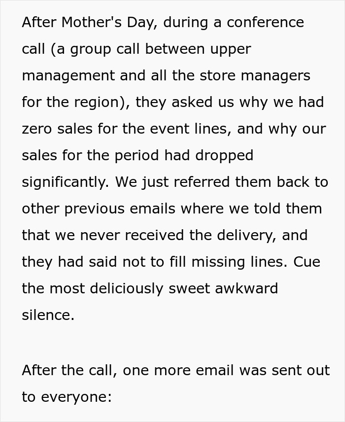 Conference call between managers discussing zero sales after staff told not to fill empty shelves causing dropped sales.