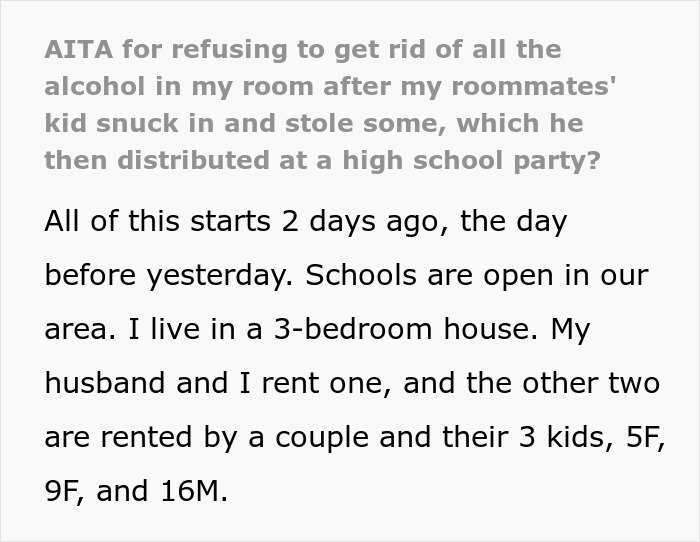 Text excerpt discussing a roommate blamed for tempting a teen who sneaked in and stole alcohol from their room. Text excerpt discussing a roommate blamed for tempting a teen who sneaked in and stole alcohol from their room.