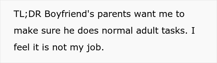 ALT text: Text discussing helicopter parents treating 29YO son's girlfriend like his nanny and daily planner, causing frustration.