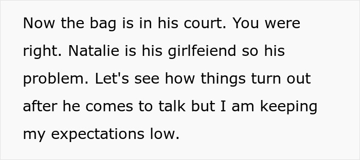 Text message discussing low expectations after telling brother's girlfriend about treating her kids differently from own children.