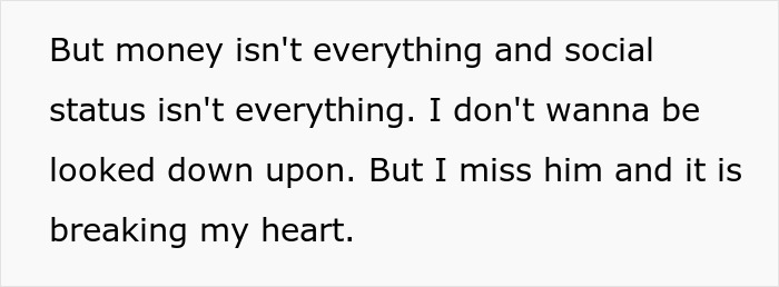 Text discussing feelings about money, social status, and heartbreak in the context of a woman confronting a gold digger housewife.