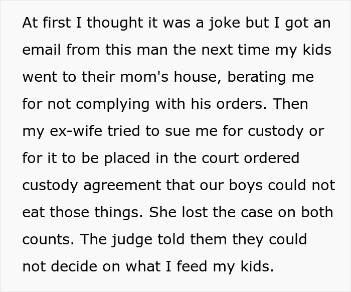 Text excerpt about dad refusing to change kids&rsquo; diet despite custody dispute involving ex&rsquo;s new husband.
