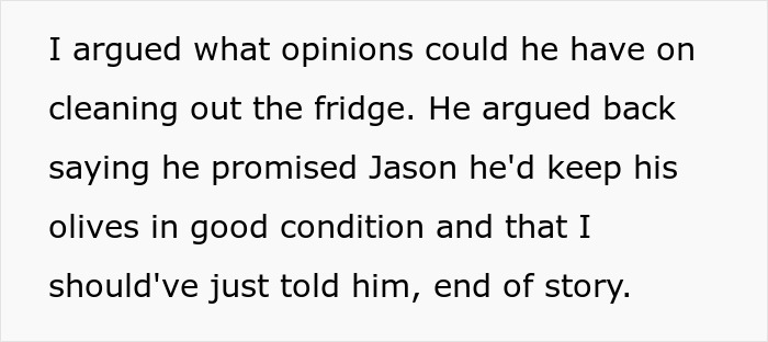 Text excerpt about husband guarding olives in fridge, highlighting conflict over cleaning and preserving olives condition.