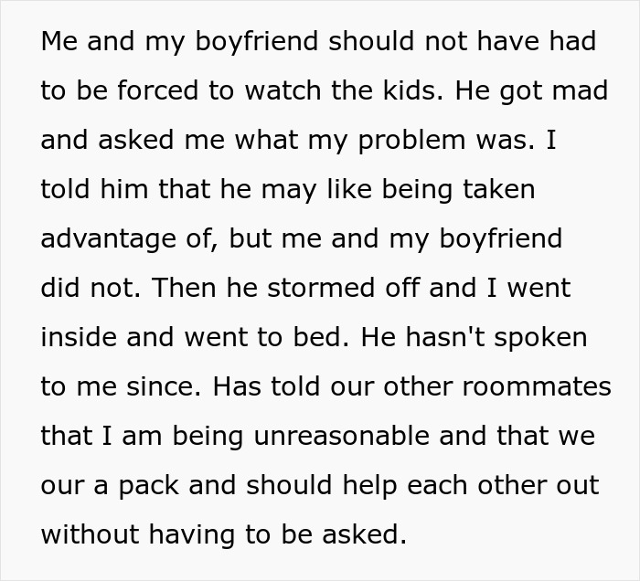 Text excerpt showing a woman upset with her roommate for leaving her and her boyfriend to babysit his girlfriend&rsquo;s kids.