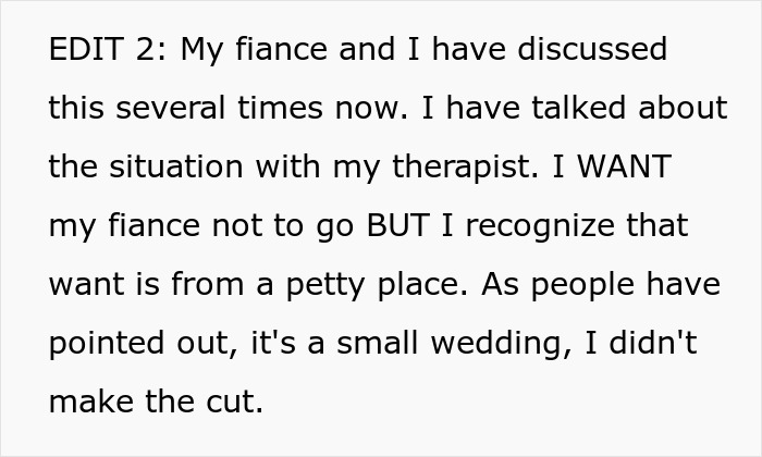 Text excerpt about a woman discussing her fianc&eacute; attending a friend&rsquo;s wedding and her feelings about it.