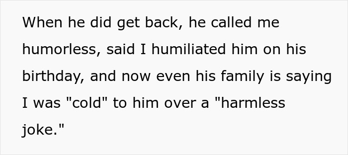 Text excerpt describing a husband calling his wife humorless after a tasteless pregnancy stunt causes awkwardness at birthday dinner. Text excerpt describing a husband calling his wife humorless after a tasteless pregnancy stunt causes awkwardness at birthday dinner.