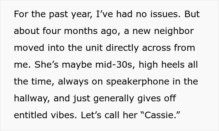 Text excerpt describing a neighbor&rsquo;s behavior after moving in, relating to package theft and petty retaliation.