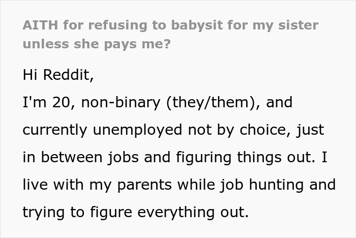 Screenshot of a Reddit post where a non-binary person asks to be paid for babysitting niece and nephew.