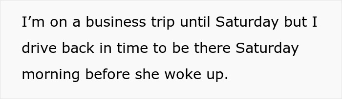 Text excerpt from a message describing a business trip and returning before Saturday morning, relating to family concerns after a cancer diagnosis.