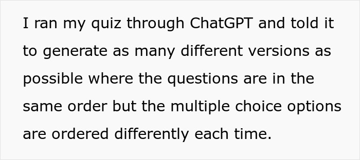 Text description explaining how a teacher uses multiple quiz versions to catch cheaters by varying answer order.