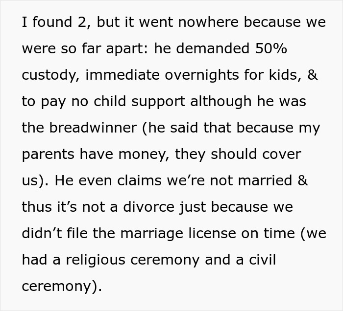 Text excerpt about custody dispute during divorce, highlighting child support and marriage license issues post-partum. Text excerpt about custody dispute during divorce, highlighting child support and marriage license issues post-partum.