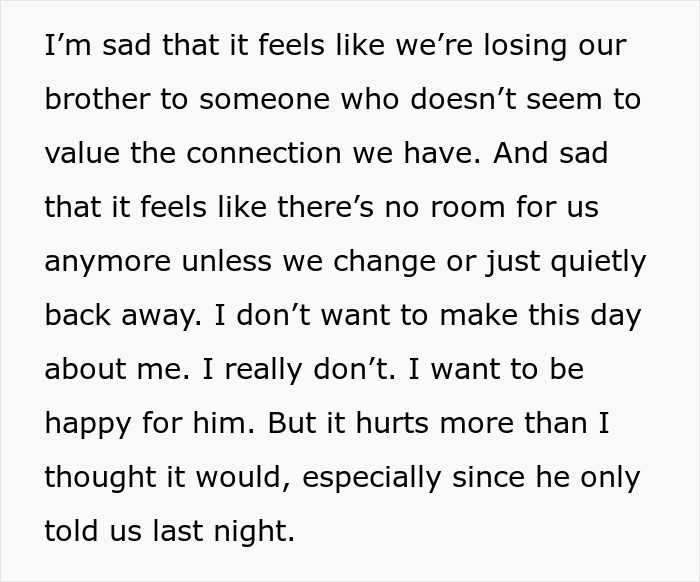 Text showing a sibling expressing sadness over losing connection after fianc&eacute; says gaming days are over and he logs off for good.