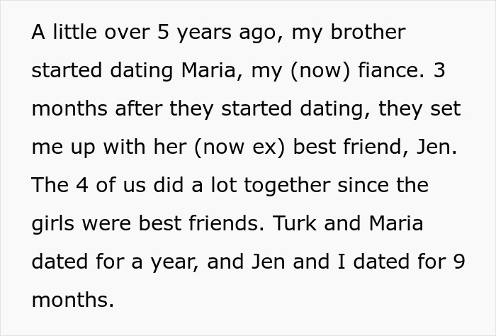 Text excerpt explaining a brother's dating history leading to family tension and a wedding conflict involving a homewrecker brother.