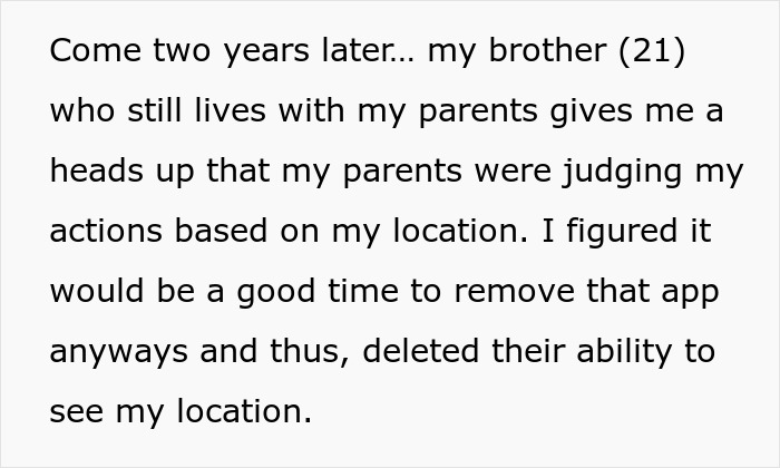 Text excerpt about removing phone tracking app to stop parents from seeing location and related family privacy issues.