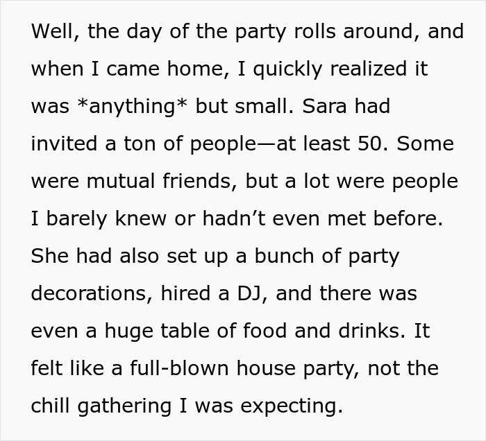 Roommate throws surprise bash with 50 guests, party decorations, DJ, and huge food table for anxious birthday girl.